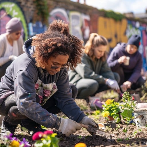 Flera personer sitter hukade över en planteringsbädd, de jobbar för fullt med att plantera blommor.